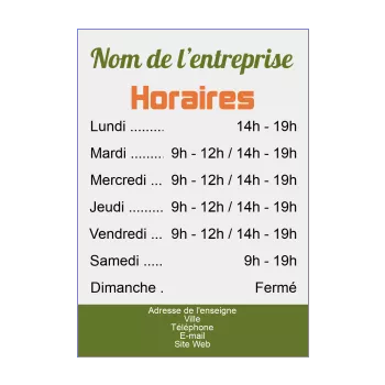 affiche commerce restaurant horaire gris orange vert 