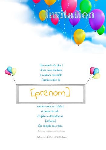 Carte Invitation Anniversaire Enfant Ballon Dessin gratuit à imprimer  (carte 2680)