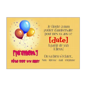 Carte Invitation Anniversaire Enfant Gateau Ballon gratuit à imprimer  (carte 3389)