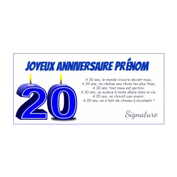 carte joyeux anniversaire 20 ans bougie bleu 