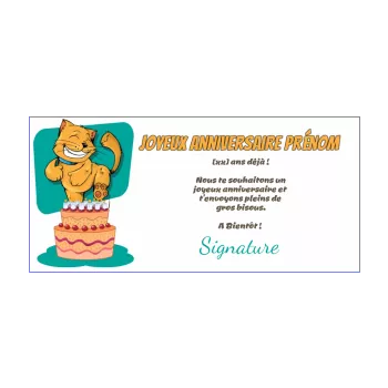 carte joyeux anniversaire chat dessin enfant gateau marron vert animaux 
