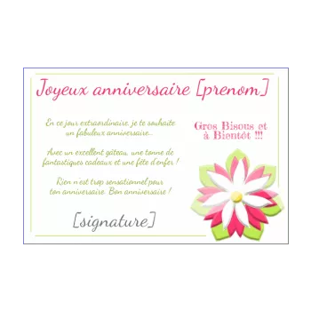 carte joyeux anniversaire blanc fleur rose vert 