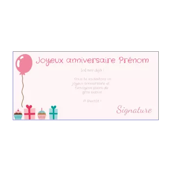 carte joyeux anniversaire ballon enfant gateau rose 