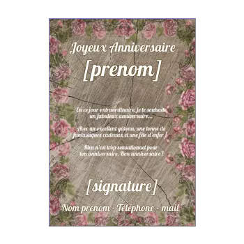 carte joyeux anniversaire bois fleur marron rose 