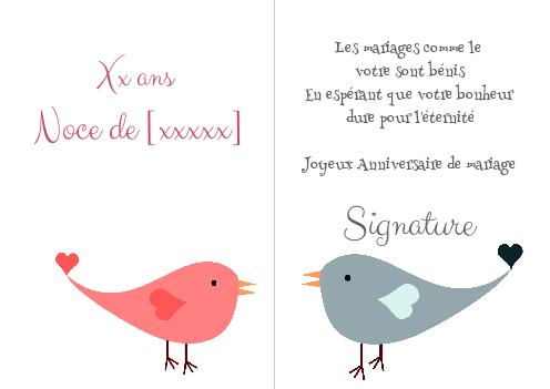 Verso Carte Anniversaire Mariage Coeur Oiseau à imprimer