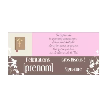 carte felicitation communion croix fille marron rose 