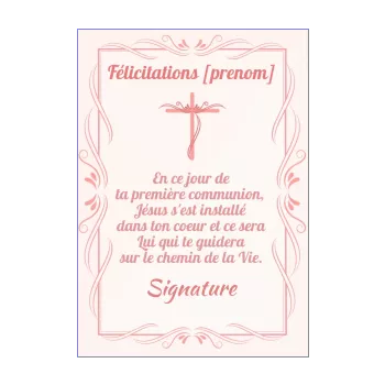 carte felicitation communion croix fille rose 