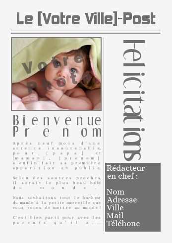 Carte Felicitation Naissance Journal Bebe avec photo à imprimer