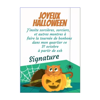 carte invitation joyeux halloween chat citrouille vert 
