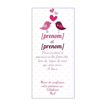carte invitation mariage repas coeur oiseau mauve rose 