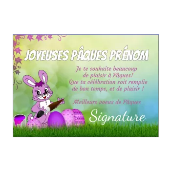 carte voeux fete paques dessin lapin mauve vert 