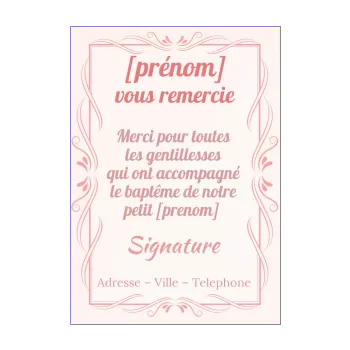 carte remerciement bapteme croix fille merci rose 