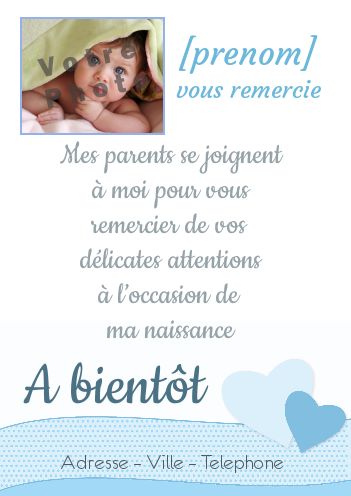 Carte Remerciement Naissance Coeur Bebe avec photo à imprimer