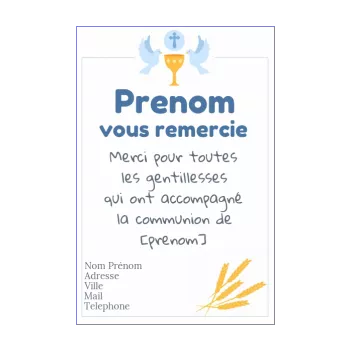 carte remerciement communion oiseau bleu merci 