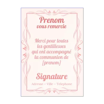 carte remerciement communion elegant fille merci rose 