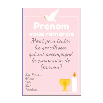 carte remerciement communion oiseau merci rose 