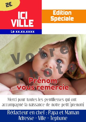 Carte Remerciement Naissance Journal Magazine avec photo à imprimer