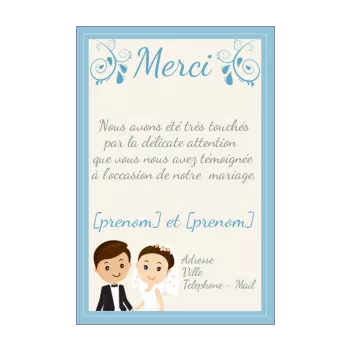 carte remerciement mariage bleu dessin jaune merci 
