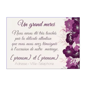 carte remerciement mariage elegant fleur mauve merci 