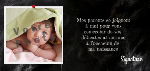 Carte Remerciement Naissance Ardoise Bebe avec photo à imprimer