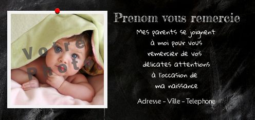 Carte Remerciement Naissance Ardoise Bebe avec photo à imprimer
