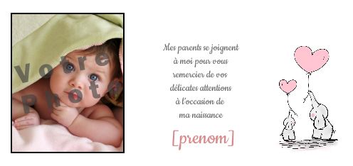 Carte Remerciement Naissance Coeur Bebe avec photo à imprimer