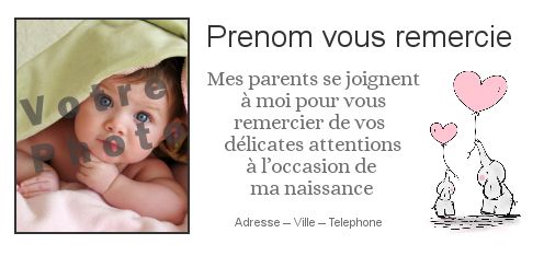 Carte Remerciement Naissance Coeur Bebe avec photo à imprimer
