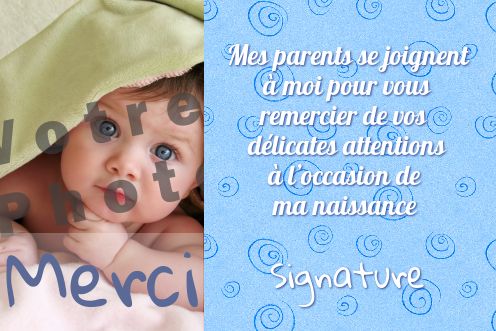 Carte Remerciement Naissance Bebe Bleu avec photo à imprimer