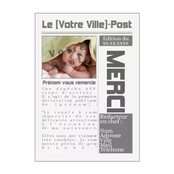 carte remerciement naissance journal bebe blanc merci noir 