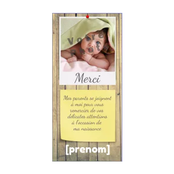 carte etiquette remerciement naissance bebe bois jaune merci 