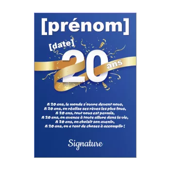 carte joyeux anniversaire 20 ans doree bleu ruban 