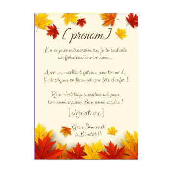 carte joyeux anniversaire automne feuille jaune 