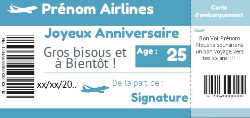 Carte Joyeux Anniversaire Billet Avion Bleu gratuit à imprimer (carte 3104)