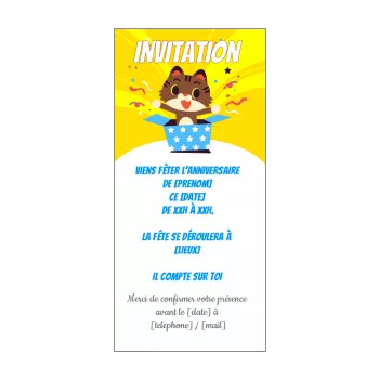carte invitation anniversaire cadeau chat dessin enfant jaune 