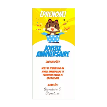 carte joyeux anniversaire cadeau chat dessin enfant jaune 