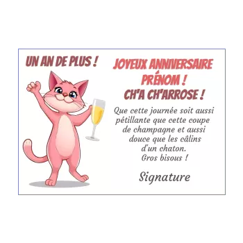 carte anniversaire champagne humour chat rose animaux 