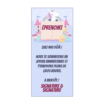 carte joyeux anniversaire licorne bleu chateau enfant fille 