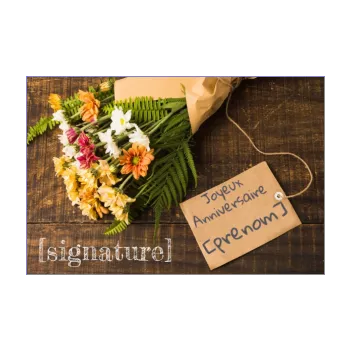 carte joyeux anniversaire bouquet table fleur marron 