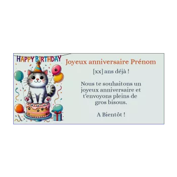 carte joyeux anniversaire chat ballon dessin enfant gateau 