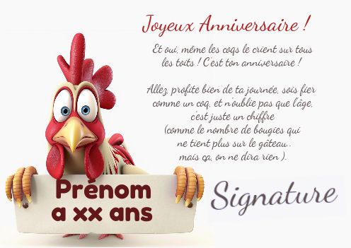 Carte Anniversaire Coq Pancarte 10 gratuit à imprimer