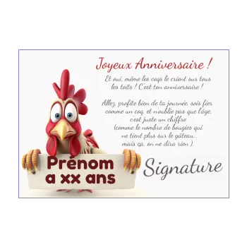 carte anniversaire coq pancarte 10 ans 18 ans 20 ans 30 ans 40 ans 50 ans 60 ans 70 ans 80 ans humour 90 ans animaux 