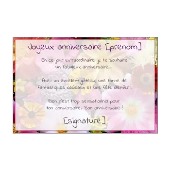 carte joyeux anniversaire bouquet fleur mauve orange rose 