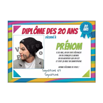 carte diplome anniversaire 20 ans humour dessin 