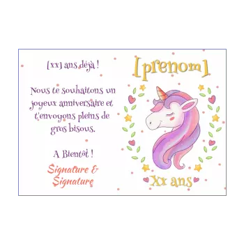 Carte d'anniversaire Licorne gratuit à imprimer ou a envoyer