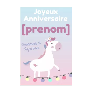 carte joyeux anniversaire licorne bleu enfant fille rose 