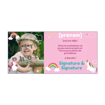 carte joyeux anniversaire arc en ciel licorne enfant fille rose 