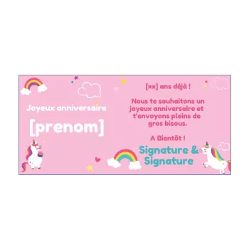 carte joyeux anniversaire arc en ciel licorne dessin enfant rose 
