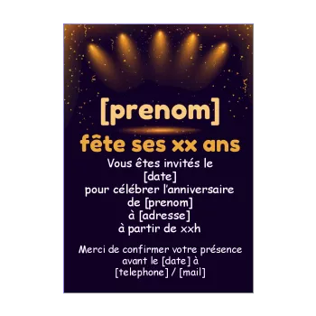 carte invitation anniversaire lumiere noir orange 