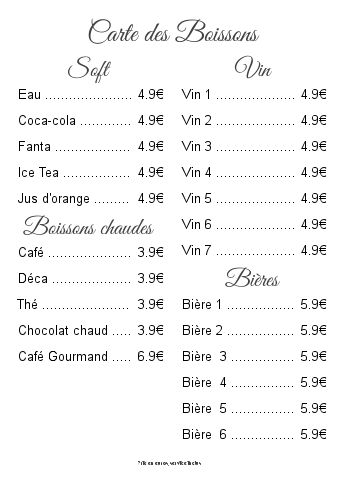 Carte Restaurant Biere Blanc Elegant à imprimer