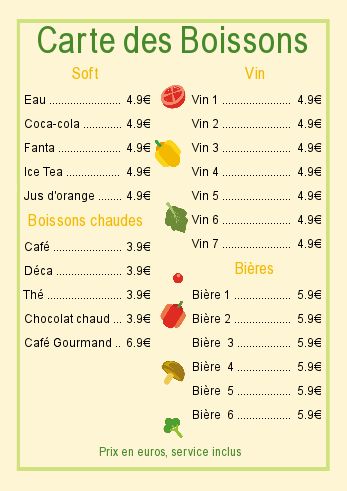 Carte Restaurant Biere Legume Jaune à imprimer